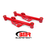 Red BMR TCA014R non-adjustable lower control arms with polyurethane bushings for 1979-1998 Ford Mustang.