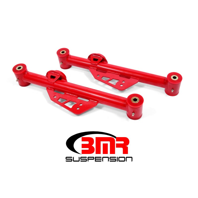 Red BMR TCA014R non-adjustable lower control arms with polyurethane bushings for 1979-1998 Ford Mustang.