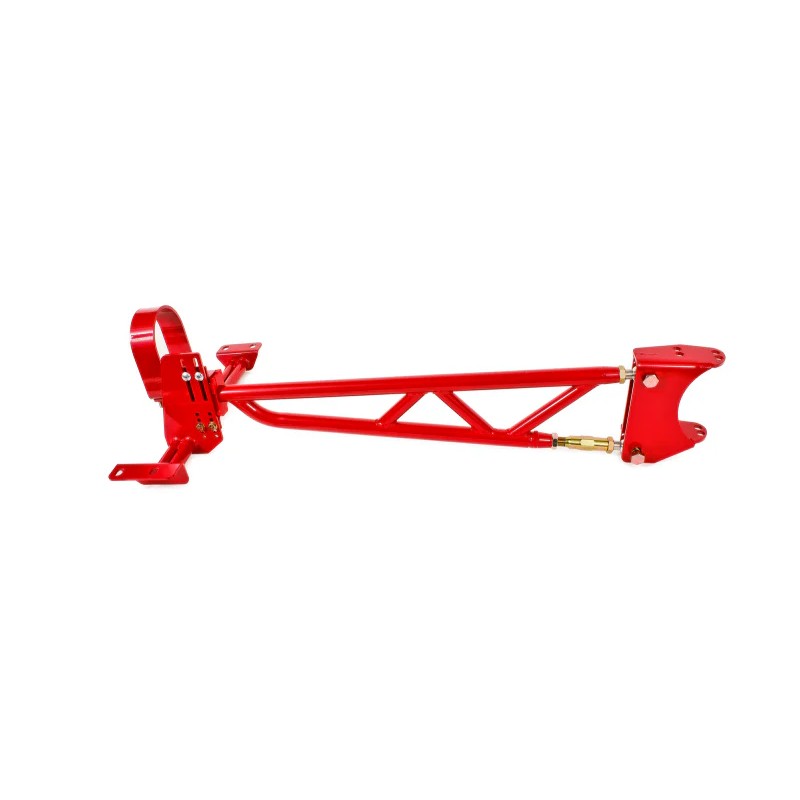 Red powder-coated BMR Suspension adjustable bolt-in torque arm for 1982-2002 Chevrolet Camaro and Pontiac Firebird