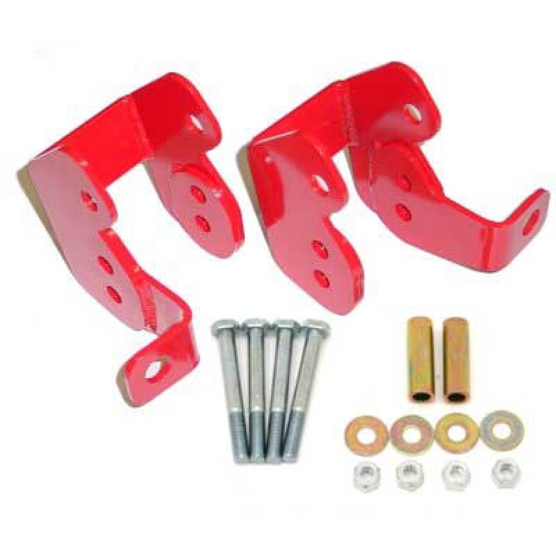 Red powder-coated BMR bolt-on rear control arm relocation brackets for 1982-2002 GM F-Body.