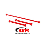 Red BMR non-adjustable rear suspension kit featuring tubular lower control arms and Panhard rod with poly bushings.