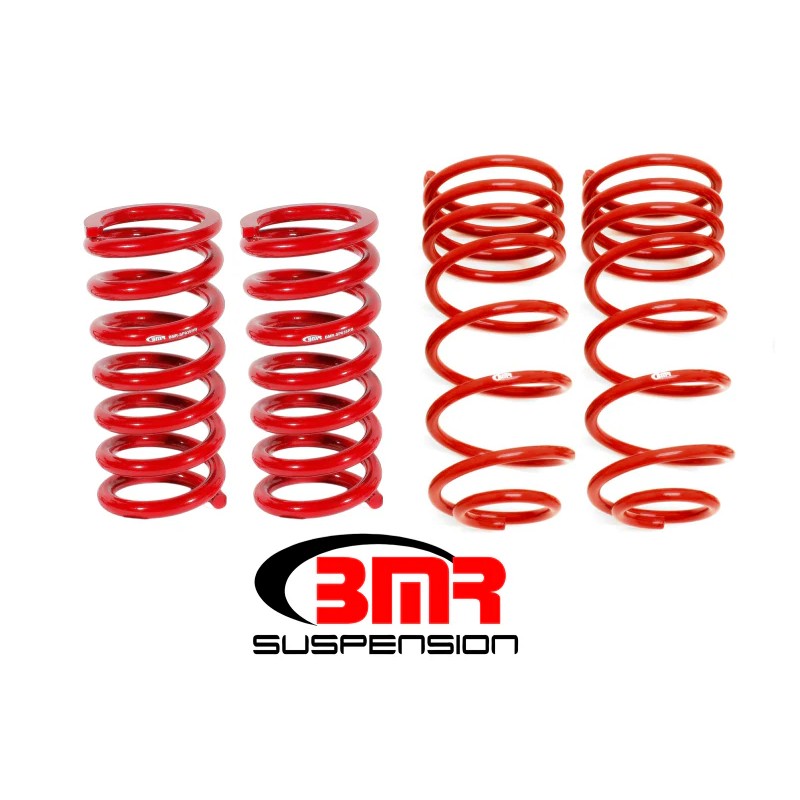 Set of four red BMR Suspension lowering springs for 1982-1992 Chevrolet Camaro and Pontiac Firebird.