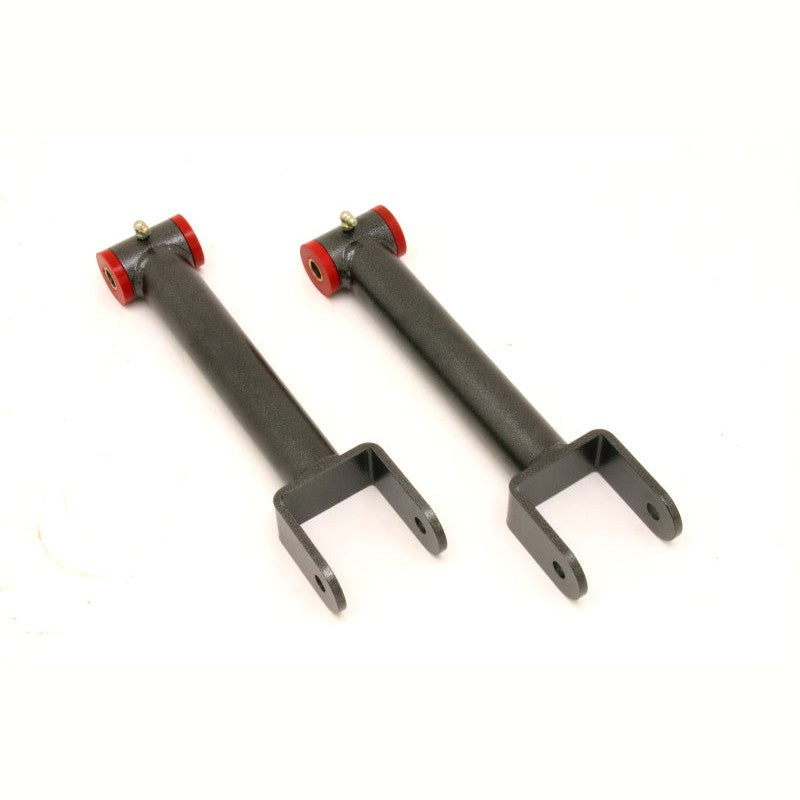 Black hammertone steel upper control arms with red polyurethane bushings for 1991-1996 Chevrolet B-Body.