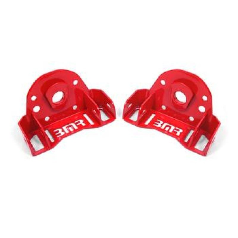 Red powdercoated BMR adjustable front upper A-arms for 1993-2002 GM F-Body vehicles using stock-style shocks.