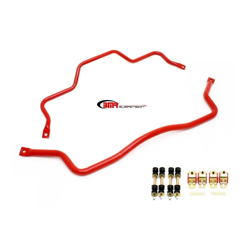 Red powder-coated front and rear tubular sway bars for 93-02 F-Body with polyurethane bushings and hardware.