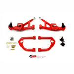 Red powdercoated BMR AA032R upper and lower A-arm kit with polyurethane bushings and ball joints for 1993-2002 F-Body.