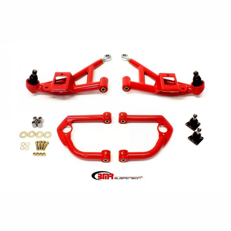 Red powdercoated BMR AA032R upper and lower A-arm kit with polyurethane bushings and ball joints for 1993-2002 F-Body.