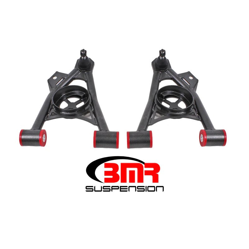 Black hammertone BMR lower A-arms with spring pockets and polyurethane bushings for 1994-2004 Ford Mustang.