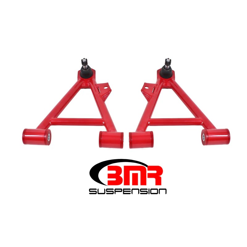 Red BMR Suspension lower non-adjustable control arms for 1994-2004 Mustang with polyurethane bushings and ball joints.