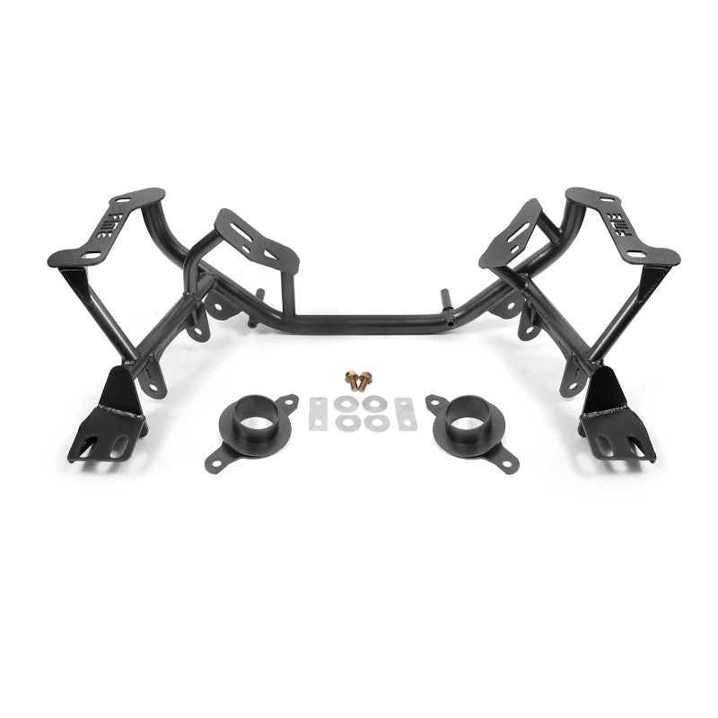 BMR tubular steel K-member for 1996-2004 Ford Mustang with integrated spring perches in black hammertone finish.