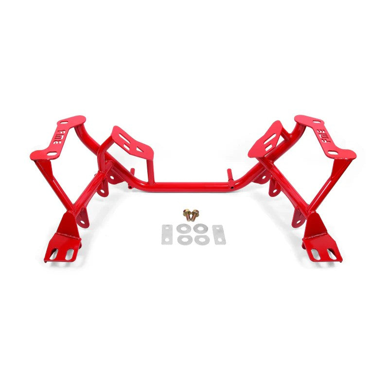 Red powder-coated BMR tubular K-member for 1996-2004 Ford Mustang.