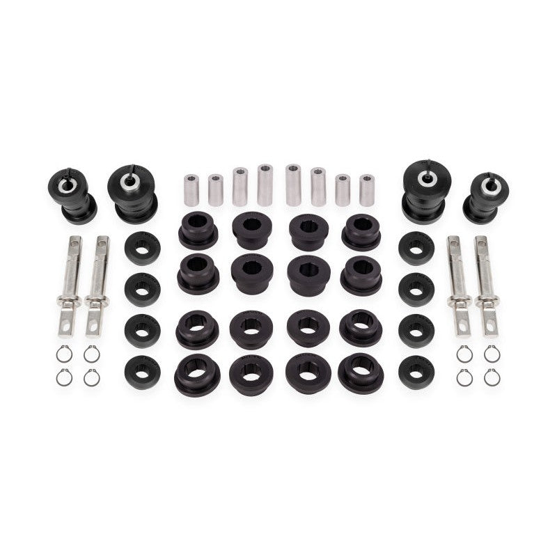 Black Delrin control arm bushings with 6061-aluminum inner sleeves for 1997-2013 Chevrolet Corvette.