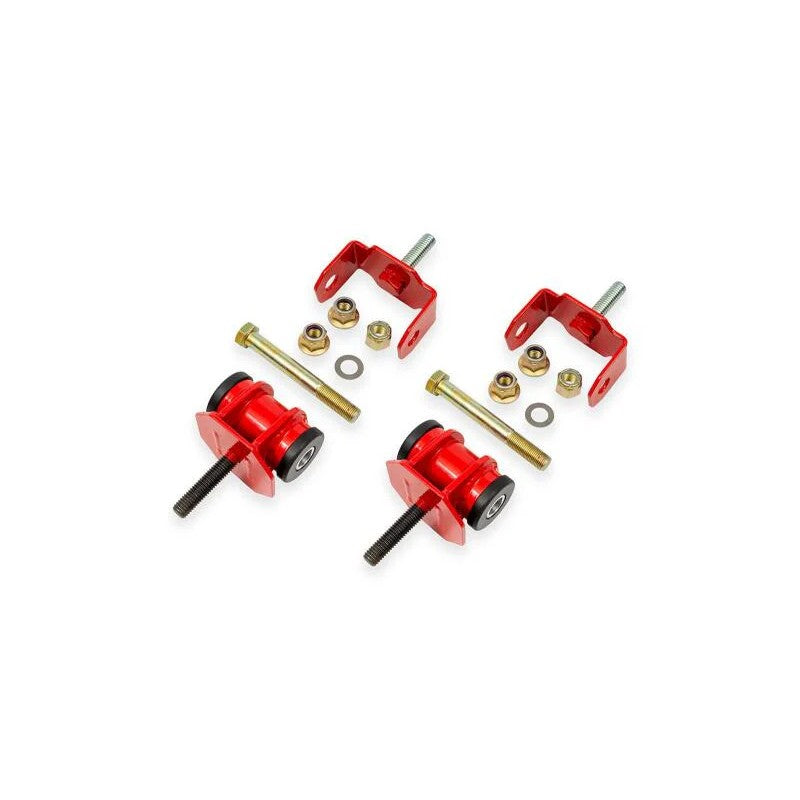 BMR red powder-coated steel motor mounts with black solid Delrin bushings for Chevrolet Corvette and Pontiac GTO.
