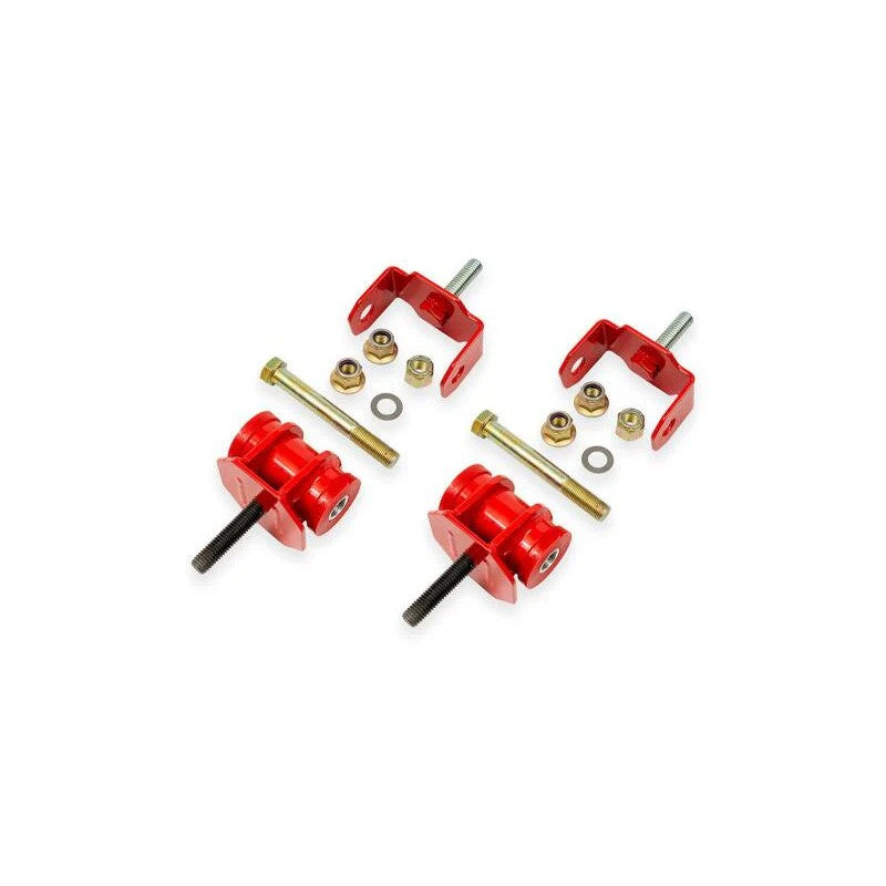 BMR red powder-coated laser-cut steel motor mounts with 95-durometer polyurethane bushings for Corvette and GTO