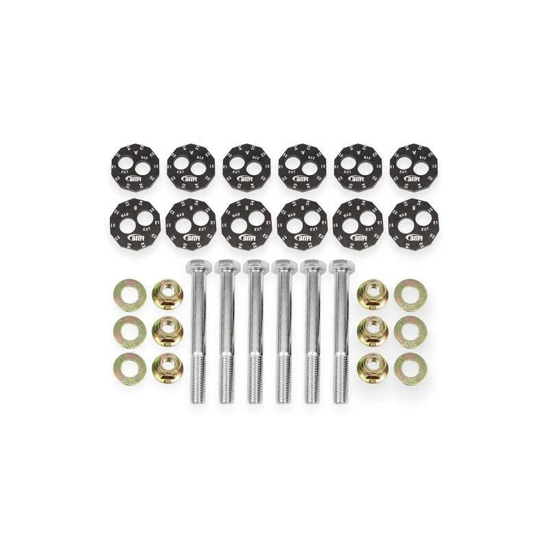 BMR black anodized laser-etched camber lockout plates and high-strength hardware kit for C5 and C6 Corvettes.