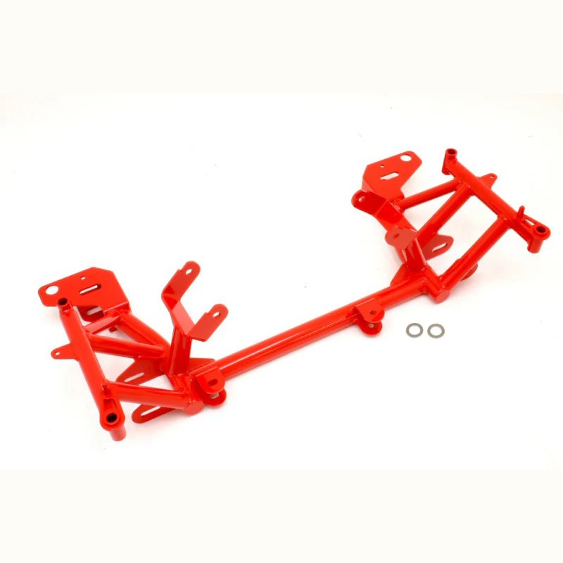 BMR red powdercoated tubular steel K-member with integrated LS1 engine mounts for 4th Gen GM F-Body vehicles