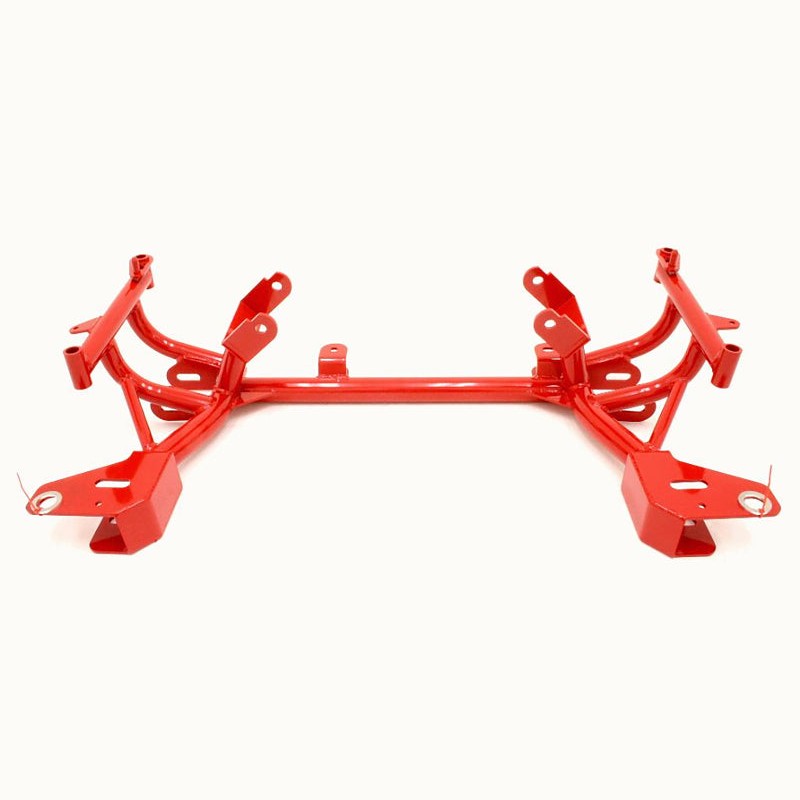 Red powdercoated BMR tubular K-member with integrated turbo LS1 motor mounts and standard rack mounts.