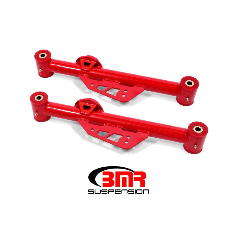 Red BMR non-adjustable lower control arms with polyurethane bushings for 1999-2004 Ford Mustang
