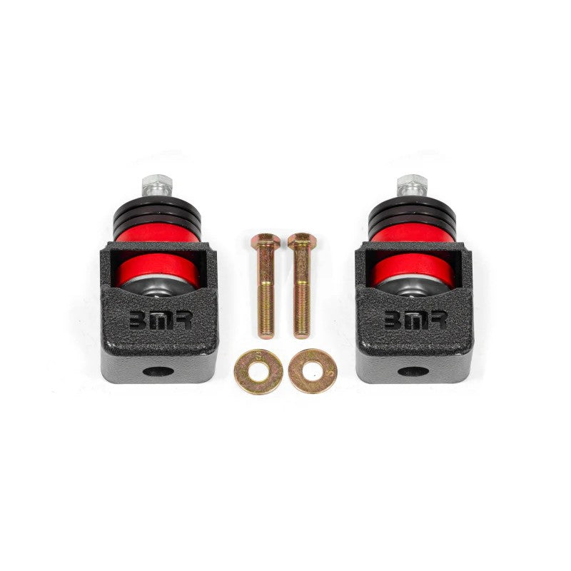 BMR MM300H Black Hammertone steel motor mount kit with red polyurethane bushings and 6061 billet aluminum spacers