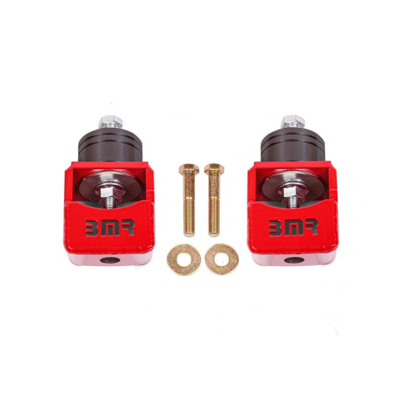 Red powder-coated BMR solid motor mounts with billet aluminum spacers and Grade 10.9 hardware for Chevy SS and Pontiac G8.