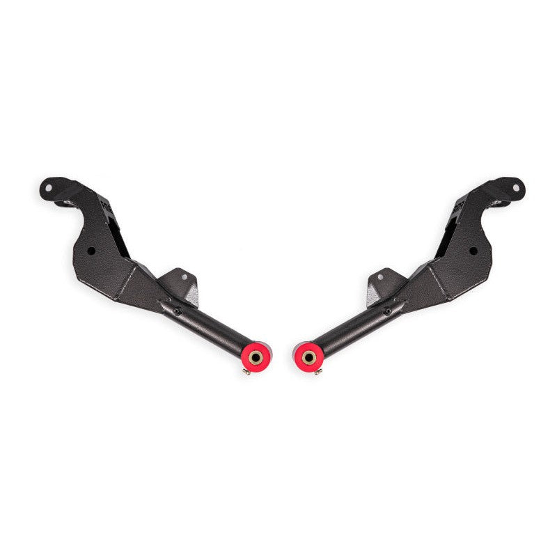 BMR Suspension black hammertone rear non-adjustable lower control arms with red polyurethane bushings.