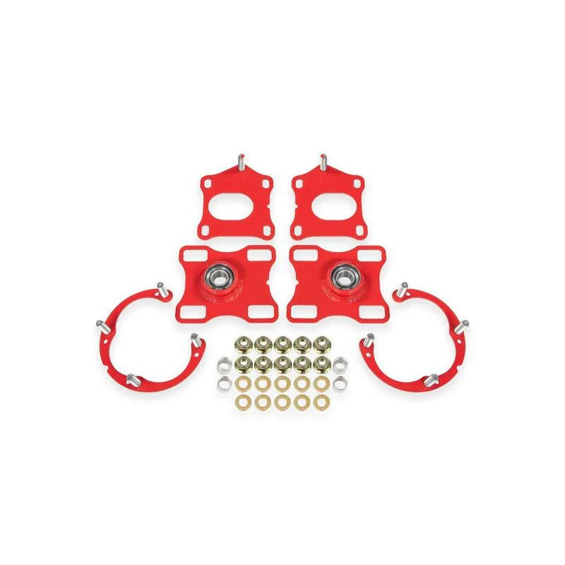 Red powdercoated BMR Suspension caster/camber plates for 2011-2014 Ford Mustang S197 chassis