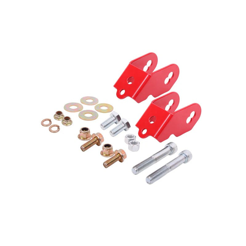 Red powdercoated steel rear camber adjustment lockout plates and hardware for 2015-2018 Ford Mustang S550.