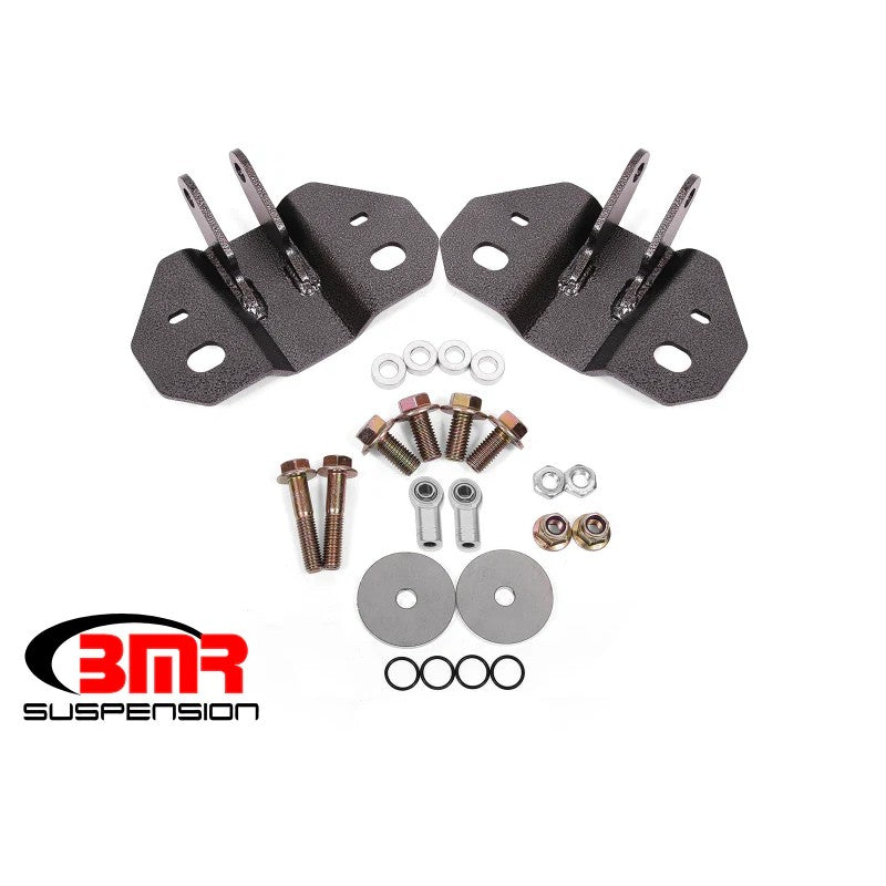 BMR Suspension rear upper shock mount in Hammertone Black powder coat for 2015-2019 Ford Mustang.