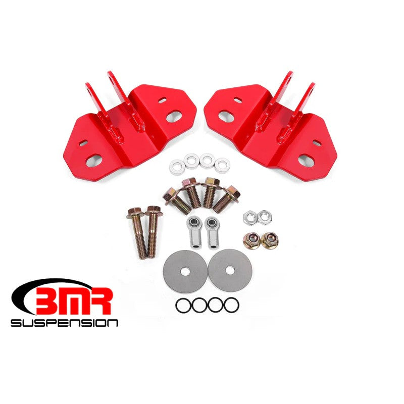 Red powder-coated BMR Suspension rear upper shock mount for 2015-2019 Ford Mustang SM760R