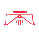 Red powder-coated BMR DOM steel harness bar for 2016-2021 Chevrolet Camaro 6th Gen models.