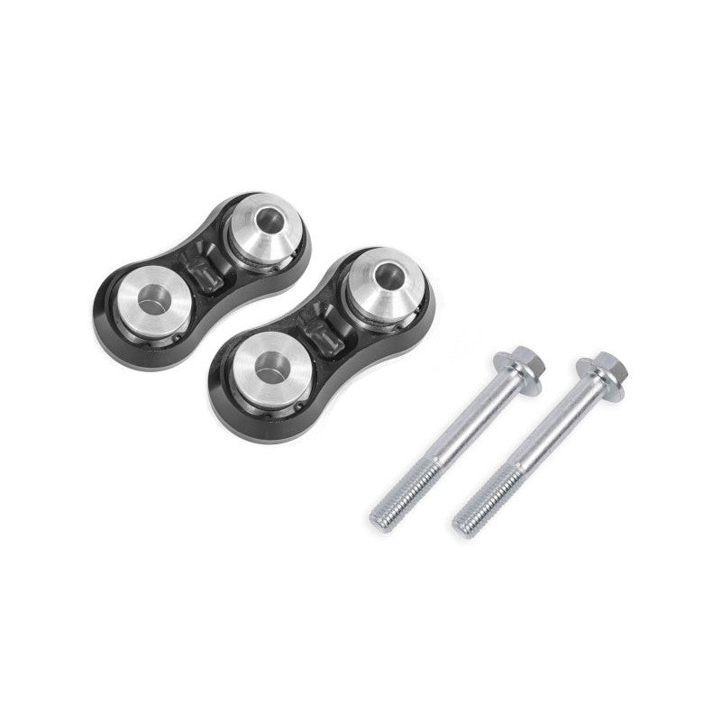 Black anodized billet aluminum BMR VL767 vertical links with spherical bearings for 2020-2024 Ford Mustang.