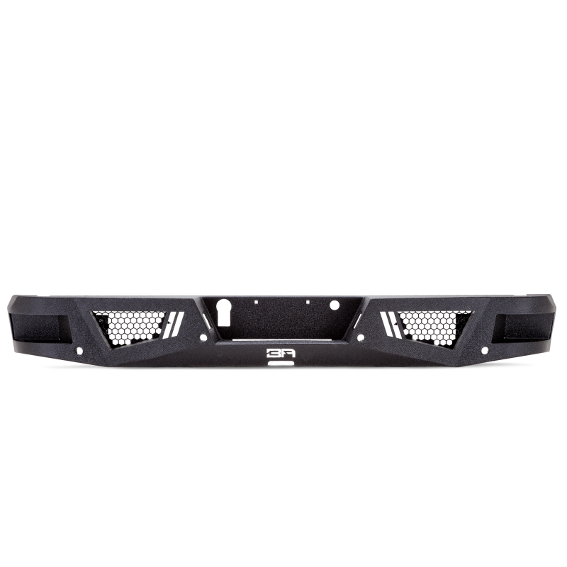 Body Armor 4x4 Eco Series black steel rear bumper with step pockets and LED cutouts for 2007-2018 Silverado and Sierra 1500