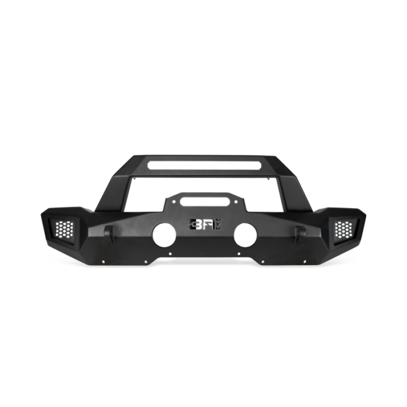 Body Armor 4x4 Orion mid-width front bumper in textured black with integrated grille guard and winch mount.