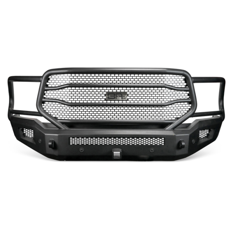 Body Armor 4x4 Ambush XT textured black steel front bumper with 2-inch receiver and LED light mounts.