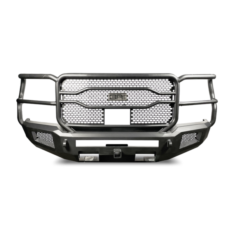 Body Armor 4x4 Ambush XT front bumper with textured black finish and integrated LED mounts on a Ford Super Duty.