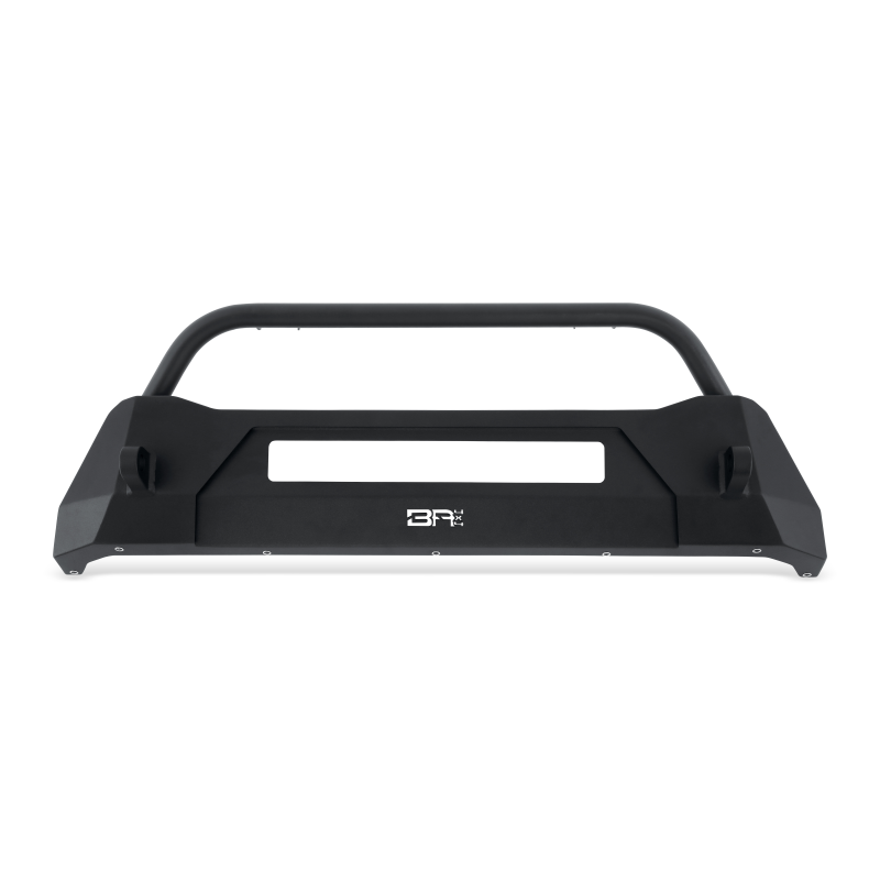 Body Armor 4x4 HiLine front winch bumper in textured black with bull bar mounted on a Subaru Crosstrek