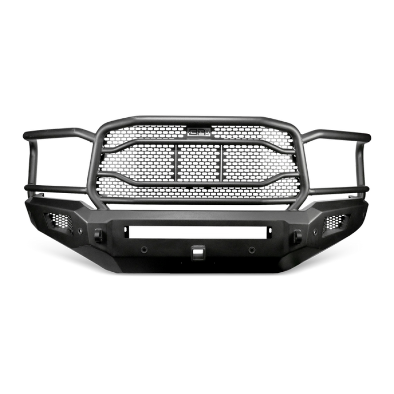 Body Armor 4x4 Ambush XT textured black front bumper with tube guard and mesh screen for 2019-2024 Ram 2500/3500 trucks.