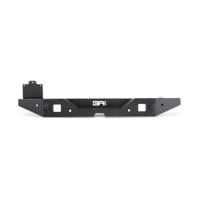 Body Armor 4x4 JL-2965 full-width rear bumper in textured black steel with tire carrier mount for Jeep Wrangler