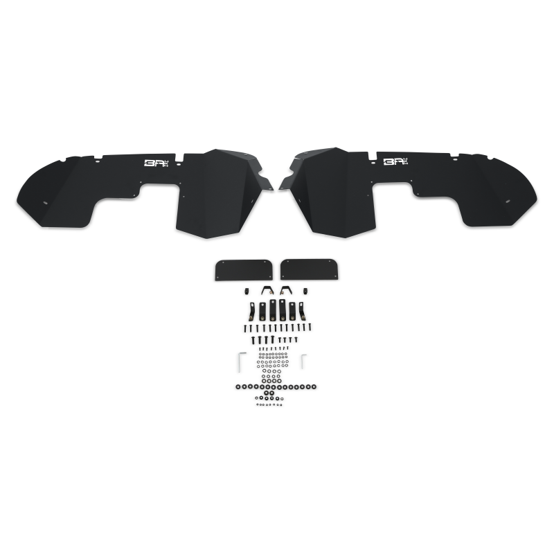 Textured black Body Armor 4x4 front fender liners with removable reservoir shock panels for Jeep Wrangler and Gladiator.