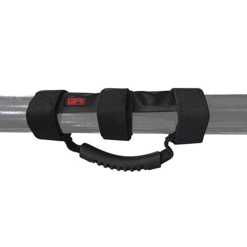 Pair of black Body Armor 4x4 nylon grab handles with industrial Velcro for 2-3 inch roll bars.