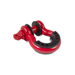 Red powder coated 3/4 inch steel D-ring recovery shackle with black rubber isolators and threaded pin