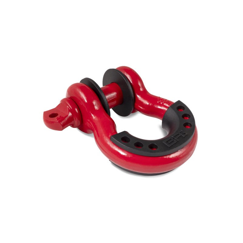 Red powder coated 3/4 inch steel D-ring recovery shackle with black rubber isolators and threaded pin