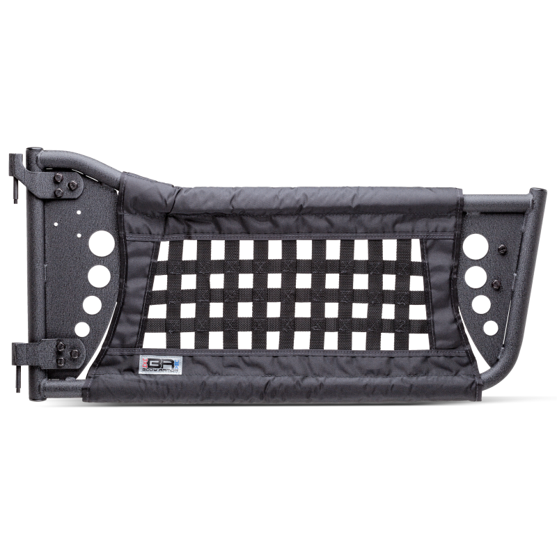 Body Armor 4x4 black textured steel tube Gen 3 front trail doors with nylon webbing for 1997-2006 Jeep Wrangler TJ.