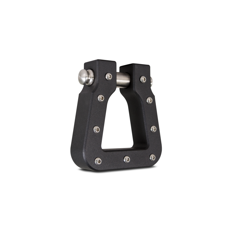 Black textured 6061-T6 billet aluminum Mega D-Ring recovery shackle with a stainless steel pin and decorative bolts.