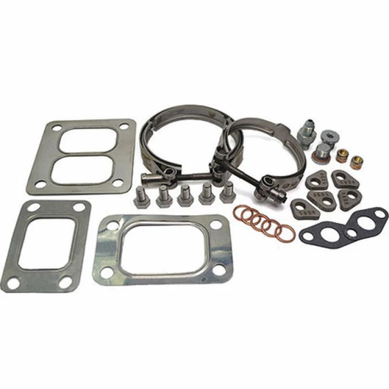 BorgWarner EFR turbocharger turbine housing installation hardware kit including mounting bolts and locking plates.