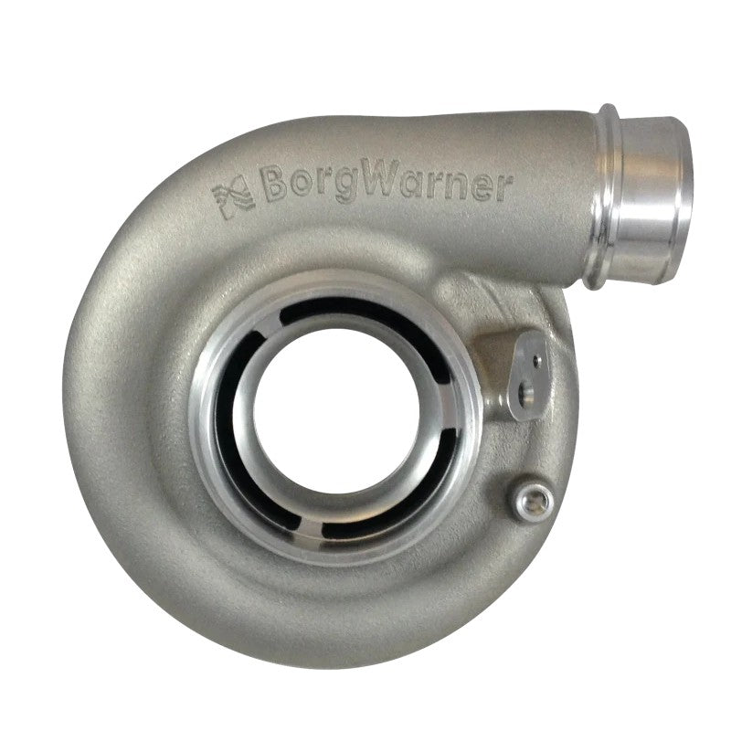 BorgWarner EFR-7163 SX-E style aluminum compressor cover housing showing the machined inlet and outlet ports.