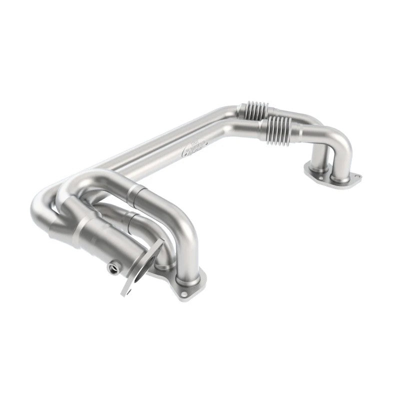 Borla T-304 stainless steel exhaust header with 1.625 inch primary tubes and integrated flex joint for Subaru EJ engines.