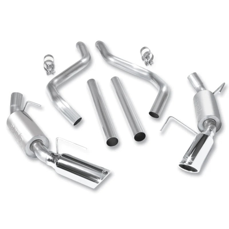 Borla ATAK 2.5-inch stainless steel cat-back exhaust system with mufflers and dual 4-inch polished chrome tips.