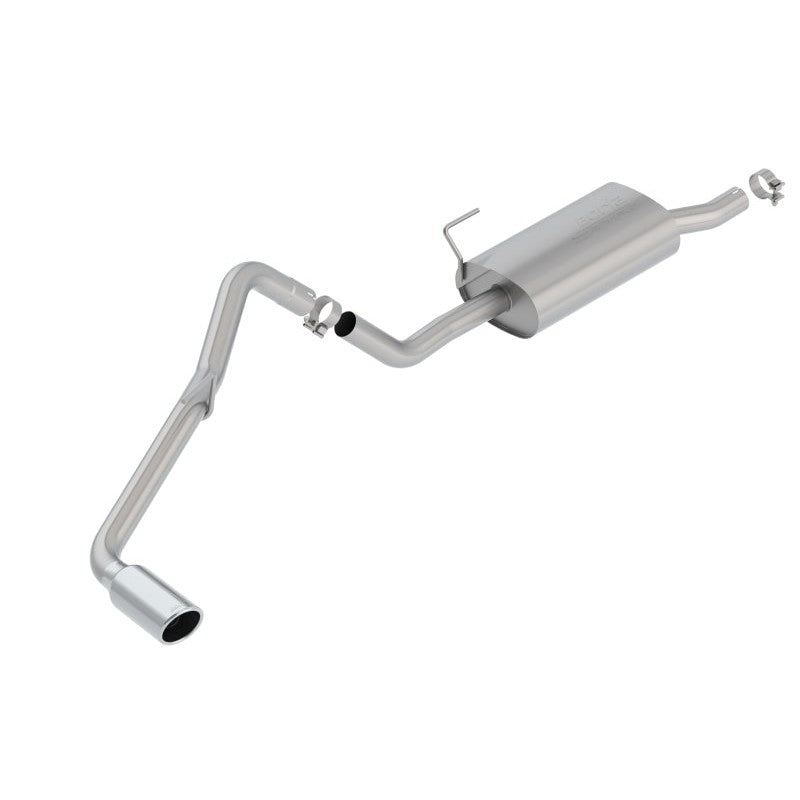 Borla S-Type Cat-Back Exhaust system for Nissan Frontier featuring T-304 stainless steel piping and a bright chrome tip.