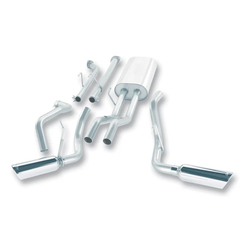 Borla 140238 Cat-Back exhaust system featuring T-304 stainless steel dual pipes and 4-inch round chrome tips.